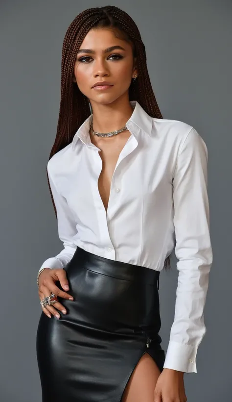 High res full body photo of zendaya directly facing the camera with eye-makeup featuring glittery eye-shadow and clear glossy lip-gloss. a slight seductive look, extremely photo realistic, 8k, wearing tight white shirt tucked into leather skirt with side s...