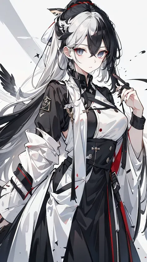 Swallow ， ebony long hair ， tip is white ， different colored eyes ， Eye color is different ，The left eye is black， right eye is silver ， Black Decoration White Military