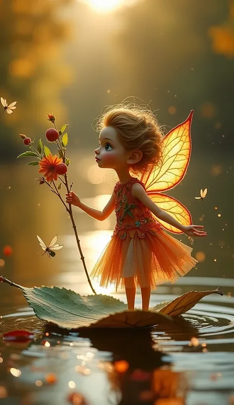 a vibrant,  miniature fairy with iridescent wings ,  the size of a dragonfly ,  gracefully placed on a ,  autumnal leaf . The leaf,  floating effortlessly over the serene surface of a river that flows smoothly ,  serves as her improvised craft .  Her outfi...