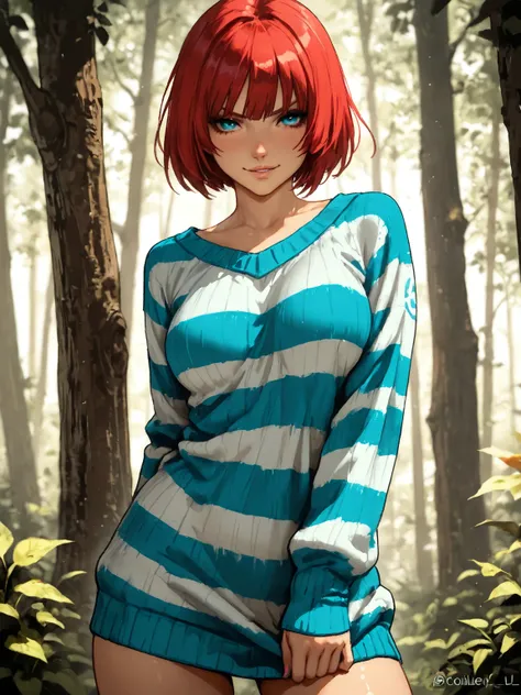  1girl , Thousands of angry  , guilty gear,Cowboy shot , forest, main sur l'oreille,medium breasts large ,  half-open lips, Seductive smile , collants de ville, ,,  masterpiece striped sweater,  best quality ,  amazing quality ,  detailed background,  comp...