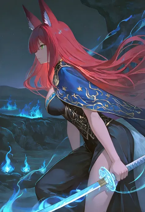 masterpiece, best quality, very awa, 1girl, fox girl, red hair, scenery, from side, green eyes, looking aside, closed mouth, ethereal, celestial atmosphere, night, holding katana, glowing katana blade, blue glow, blue magic flames, royal clothing, focused ...