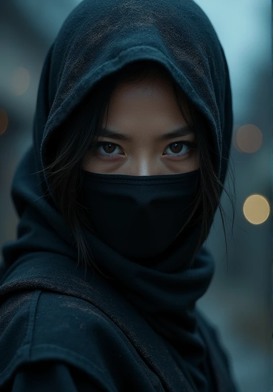 (( A Perfectly Beautiful 25-Year-Old Japanese Female Ninja)), ( Masterpiece: 1.3), (8k,  is present,  RAW Photo ,  top quality: 1.4),Sharp Eye, ((( looking at the camera))), (((night))), (((Sharp Eye))), (((Other Than Her Eyes Are Hidden )))