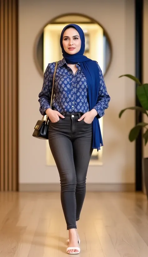 Full-length indoor shot of a woman 29 year old wearing an intricately patterned blue shirt,A dark grey pencil jeans, and white square-toed sandals.

She is also wearing blue  hijab (a headscarf worn by Muslim women). A small black structured handbag/purse ...