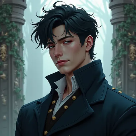 , young man,Black hair and black eyes, smiling in the corner of his mouth, elegant,Have power,Noble,Fantasy