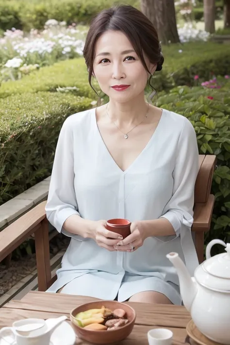  55 year old beautiful mature Japanese woman , Married woman, There are fine wrinkles, long eyelashes, Sparkling Eyes,  low ponytail, Red lipstick,  elegant, sexy shirt,  slit skirt,  pearl necklace,  under the blue sky, garden, butterfly, Drinking tea,  t...