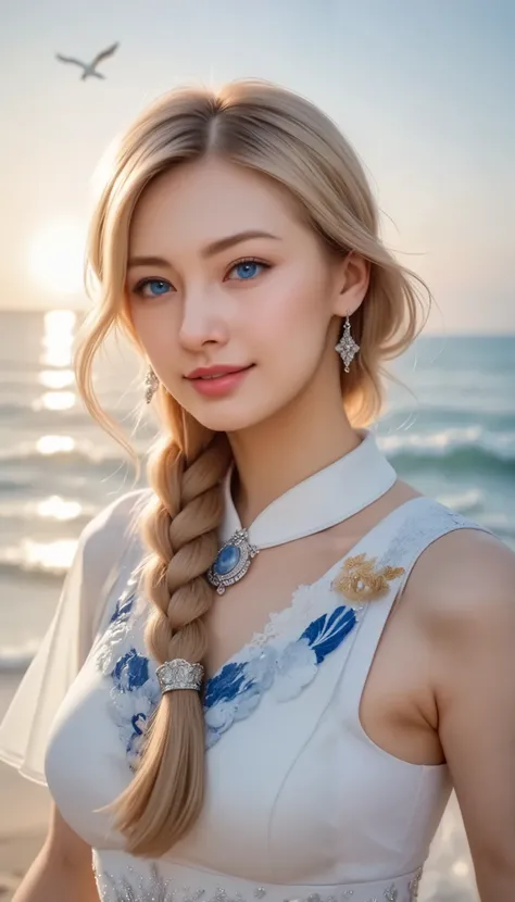  A girl came out of the sea , Princess Swan in Russian mythology , Beautiful and calm face,  blue eyes, Long blonde hair braided, The moon is woven into the hair at the back of the head., Old Russian shiny white clothes,  with a Kokoshnik crown on her head...