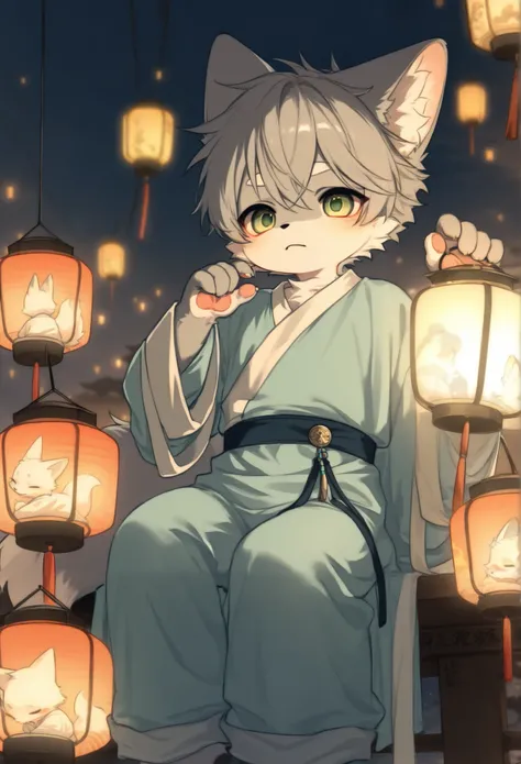  Fox Boy ，furry boy with gray hair， Toddler，Hanfu，lantern