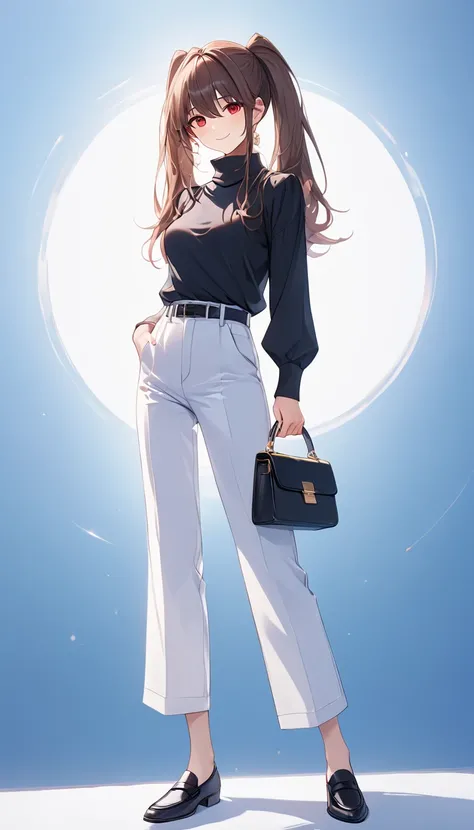 a woman wearing a black turtleneck, white trousers, and black loafers, holding a sleek black handbag, high quality, fashion ,cinematic lighting, elegant, minimalist style, (best quality,4k,8k,highres,masterpiece:1.2),ultra-detailed,sharp focus,physically-b...