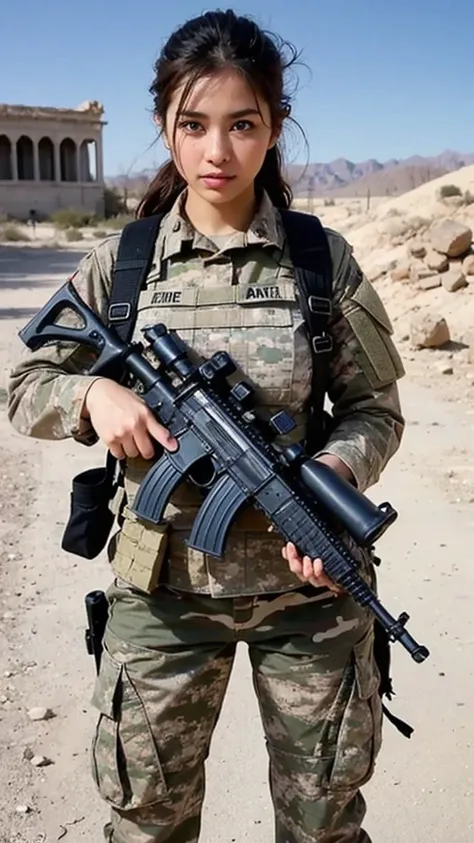 ((( blue eyes)))、(((Desert Ruins)))、rock、Arab woman in camouflage holding rifle and radio, (((Hold an automatic rifle)))、mechanized Soldier Girl,  Future Battle Gear ,  Realistic Soldier , Cinematic — ar 16 :9, Keep PDW, Wore tactical armor, Heavily armed,...