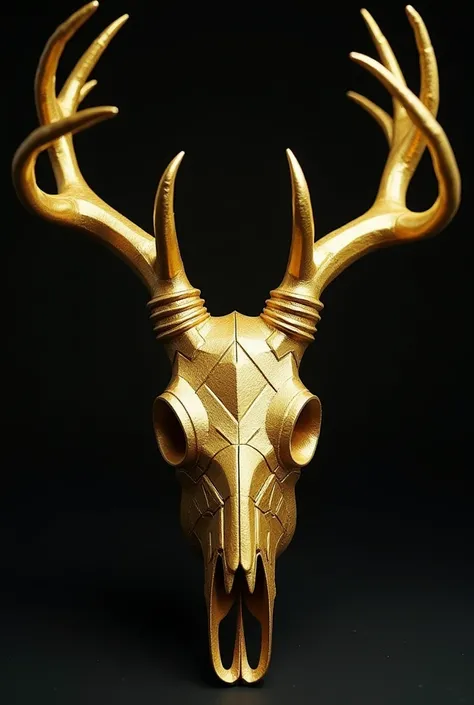 A bold and mysterious wax-carved gold adornment in the shape of a stylized deer skull, featuring clean, geometric carvings and a high-polish finish.