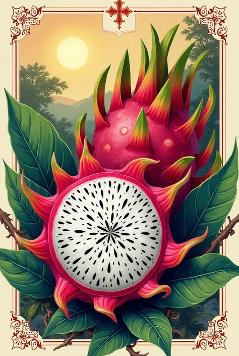 Wine label with dragon fruit picture in it 
