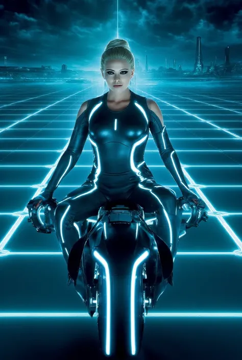 Joanne) wearing a sexy tron legacy costume. Sat on a tron light cycle 