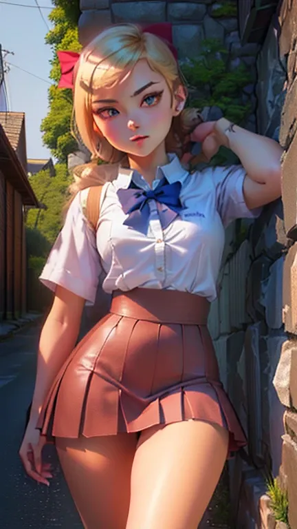  anime-style girl in a short skirt and bow tie poses against a stone wall, pure detailed anime art , a  hyperrealistic schoolgirl,  hyperrealistic schoolgirl, Ilya Kuvshinov. 4 thousand., Rin, Ilya Kuvshinov landscape,  smooth anime CG graphics ,  drawn in...