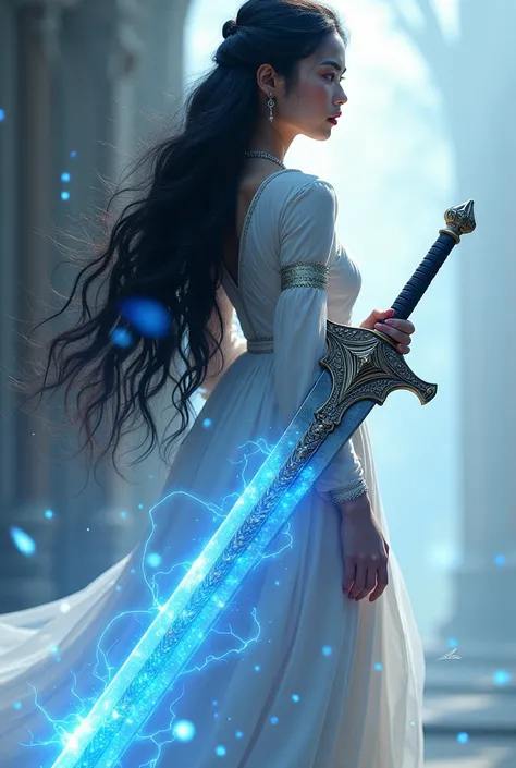 A  girl with long black hair, goddess visual, a french indonesian girl, hold a big sword, with blue powers in her