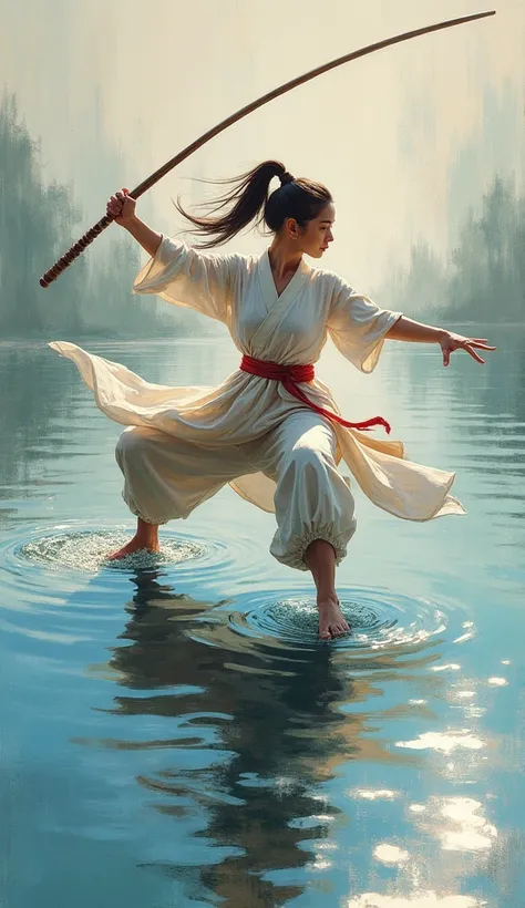 gesture painting, guache on paper, female martial artist with bo staff, dynamic pose, professionally painted, over the surface of the lake.