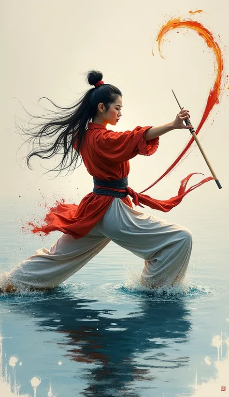 gesture painting, guache on paper, female martial artist with bo staff, dynamic pose, professionally painted, over the surface of the lake.