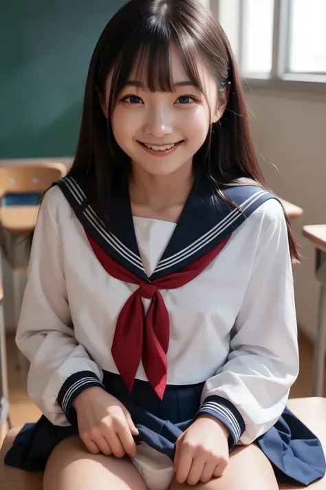 ( HD),( meticulous in every detail ), cute middle school student,classroom,Sailor uniform half-removed, white underwear, Japanese,[smile]