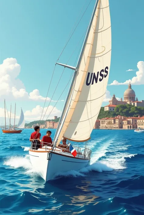 une affiche avec un bateau à voile type laser qui va vite, et deux collégiens dedans, qui font une compétition. La compétition se déroule à Marseille, il doit y apparaitre la basilique du sacré coeur en fond. Il y a une gerbe d'eau en premier plan. sur la ...