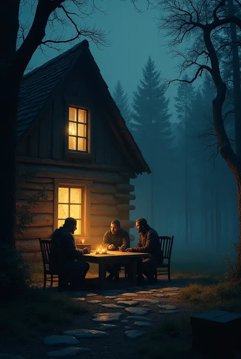 We Are in a misty, quiet forest, its nighttime. The main thing on the picture is the old house. We see the window from outside,, inside they are three burglar/bandits sitting around a wooden table. The room is lit in soft light by the candles around the ro...