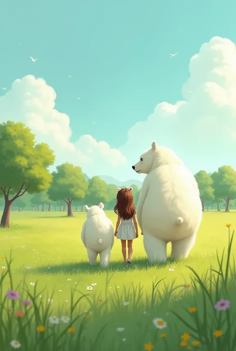  The girl and the white bear walk quietly in the green and wide meadow after eating .  The soft lawns under their feet make gentle tremors and the gentle summer breeze caresses their faces.  Girl with eyes Full of serenity he looks at the blue sky and the ...