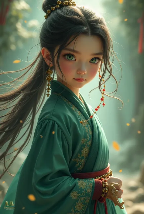 A boy in Chinese clothes  ,  A boy with long hair and beads  ,   vibrant green eyes , Hypnosis , Jewelry , Elegant ,  Medium height  , 