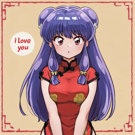 masterpiece, top quality , perfect face, Highest Resolution, 8k, 1 girl, shampoo (Ranma 1/2), young, red eyes, long hair, purple hair, Detailed depiction of bun knot hair , red eyeshadow, China Dress, I love you, A face in love,