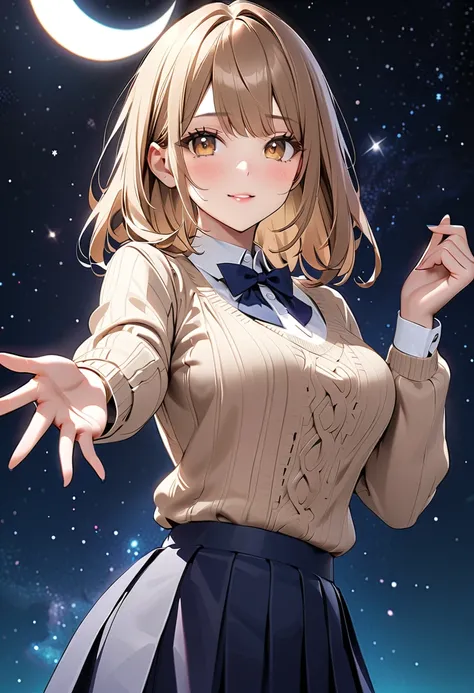 (Upper body), 1 girl, high school girl, big tits, ((light brown knit, white collar shirt, navy pleated skirt, Navy bow tie)), (High Definition, masterpiece, Accurate, top quality, High Definition model, high detail, reaching towards viewer, (((The textures...