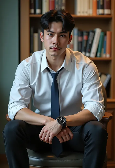 ชายเกาหลีBig arm muscles student with only a white shirt, Navy blue tie poses wearing a black watch sitting on a chair in the library, staring at the front camera. Black jeans stand out cool bokeh background , (((Big arm muscles,  tight breasts ,  muscle b...