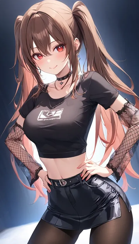 solo, black skirt, fishnet shirt, see-through shirt, see-through, pantyhose,hands on hip,black shirt, see-through sleeves,pose,{{{black clothes}}}, lace-trim bra,full body,high heels,choker, t-shirt, long sleeves,,hutao, long hair, bangs, brown hair, red e...