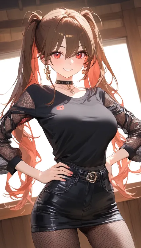 solo, black skirt, fishnet shirt, see-through shirt, see-through, pantyhose,hands on hip,black shirt, see-through sleeves,pose,{{{black clothes}}}, lace-trim bra,full body,high heels,choker, t-shirt, long sleeves,,hutao, long hair, bangs, brown hair, red e...