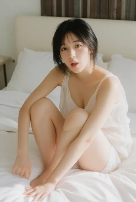 Ultra-realistic, strong sharp focus, high resolution, portrait, solo, Japanese, female, beautiful, mature, calm, 40 years old, fair skin, slim body but large breasts, medium long hair, black hair, forehead visible, small nose, sitting on bed in hotel room,...