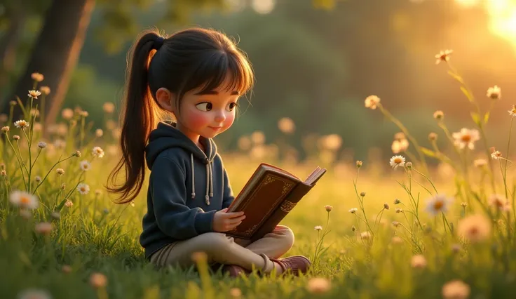 A young girl with delicate features, about , with long dark brown hair tied back in a ponytail, wearing a dark blue hooded sweatshirt and beige pants, sits cross-legged in a magical field. She gently opens an old, leather-bound book with golden edges. The ...