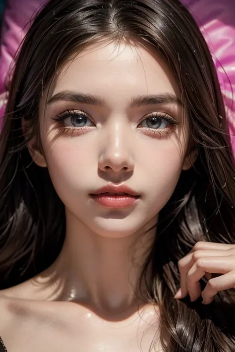 a beautiful sexy pop art girl,detailed intricate face,detailed eyes,long eyelashes,glossy lips,smooth skin,lying on bed,simple background,vibrant colors,cinematic lighting,photorealistic,8k,high quality,masterpiece