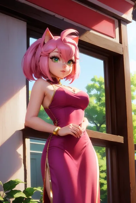  close-up of a woman in a pink dress, standing near the window ,  Amy Rose red ,  style visualized in sfm , from sonic ,  Anime Highly detailed ,  realistic anime in 3D style , created in Anime Painter Studio , takes the proud pose , 8 k high quality detai...