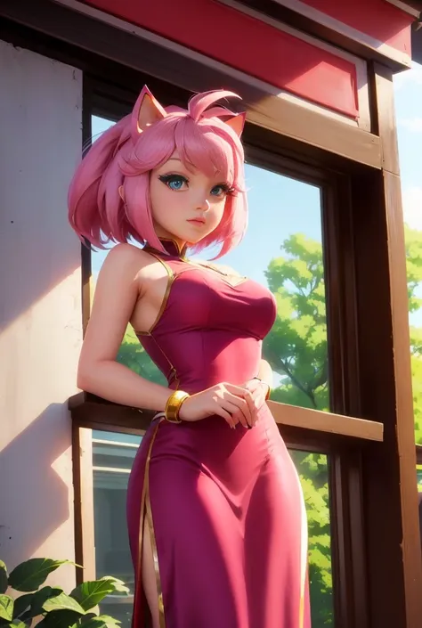  close-up of a woman in a pink dress, standing near the window ,  Amy Rose red ,  style visualized in sfm , from sonic ,  Anime Highly detailed ,  realistic anime in 3D style , created in Anime Painter Studio , takes the proud pose , 8 k high quality detai...