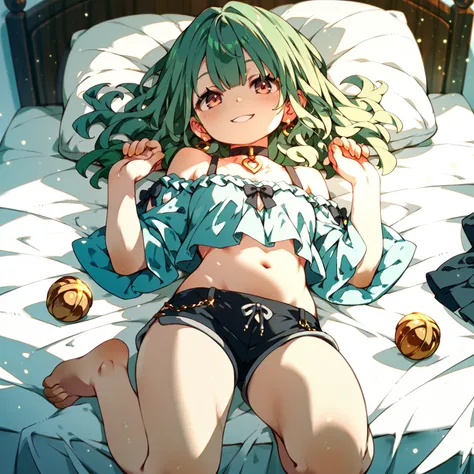 One human girl(     pees on a very young   、    Green Hair、 Off-the-shoulder clothing(Accentuate your belly button)、  choker、  black hotpants、 Gentle smiling expression( squint)、barefoot、Show your belly button)、 lying in bed、 belly focus 、