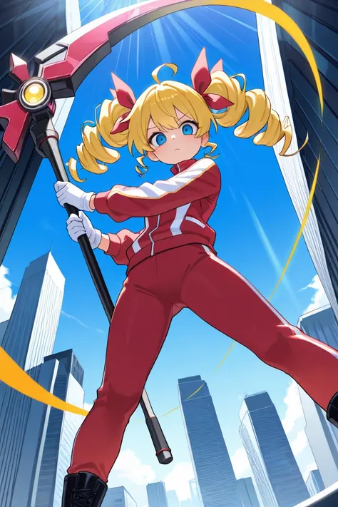 ( score_9, score_8_up, score_7_up ), ultra-detailed, detailed face, upper body, dynamic angle, dutch angle shot, (looking at viewer), 

Solo, a magical girl, blonde, long hair, twintail, drill hair, ahoge, blue eyes, slant eyes, narrow eyes, (((White glove...