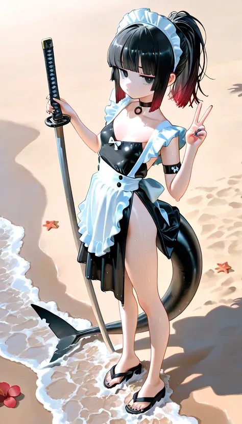 1girl, black eyes, jitome, Black Hair, red Gradient Hair, blunt bangs, hime cut, ponytail, long shark tail, small Breast, maid, high-waist, Side slit skirt, Choker, bare legs, foot, toenails, nail polish, black nails, masterpiece, best quality, Perfect det...