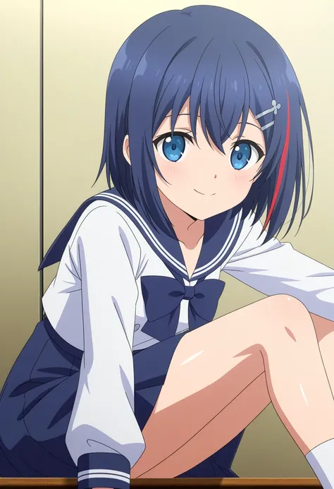 official style,anime screencap,high resolution,extremely detailed CG,cinematic shadows,gleaming skin,shiny hair,Anime style,small breasts,Medium Hair,
,1 girl,solo,smile,sit,hairclip, ((Navy blue sailor collar, sailor uniform with red stripes)),(Navy blue ...