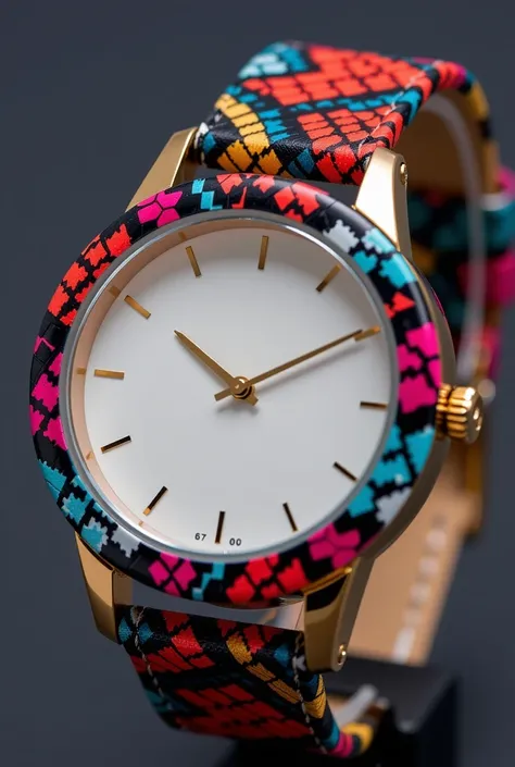 A close-up shot of a sleek, modern women's watch with an intricately designed armrest, featuring a vibrant snakeskin pattern. The watch face is circular, surrounded by a colorful and bold frame, adding to its eye-catching appeal.