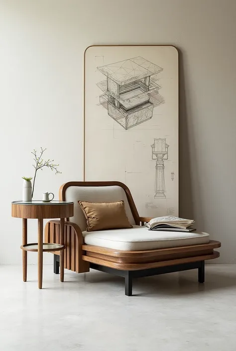 Photo of a cover, Custom made furniture above and sketch of this furniture