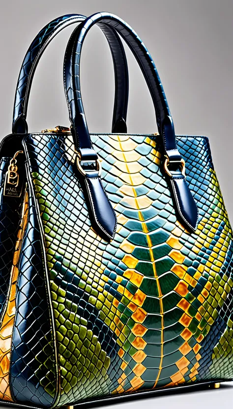 a high-end snakeskin bag, elegant reptilian texture, luxury fashion accessory, beautiful intricate patterns, sophisticated designer handbag, sleek stylish purse, premium quality materials, exquisite craftsmanship, premium exotic leather, glossy sheen, deta...