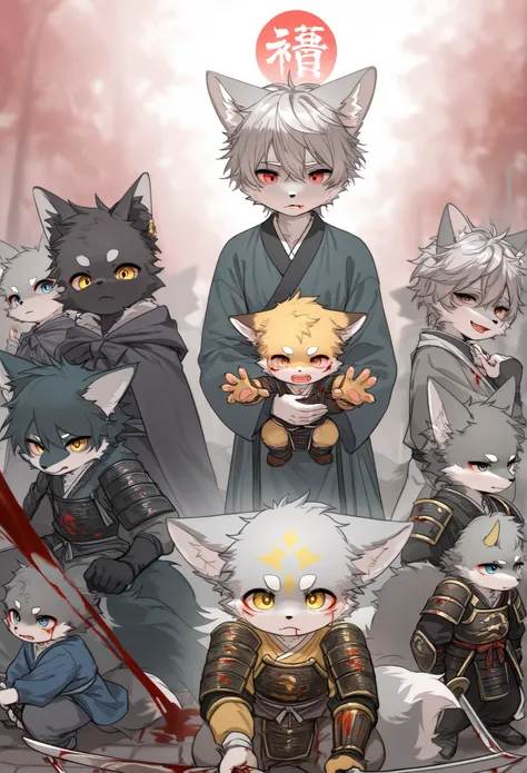  Fox Boy  ，Furry gray-haired boy toddler Hanfu Han dynasty armor，Blood