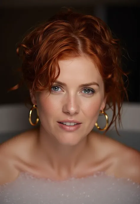 2 55 year old attractive women, red hair, blue eyes,  clean, slight smile, set teeth, dim lighting, very high detail, high dynamic range, covered in bubbles in a bubble bath, big loop earrings, big boobs, short messy ponytail, big loog gold earrings