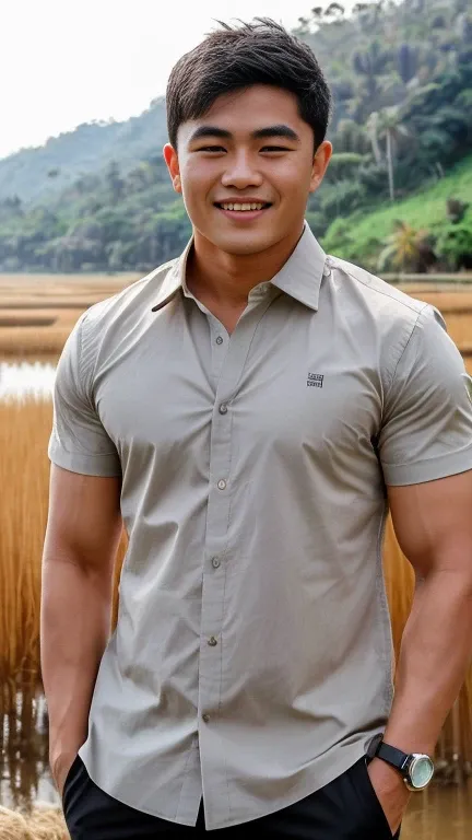 (( Top Quality, 8k,  Masterpiece: 1.3))、 Thailand, Laos, Myanmar, Asia , Thai man,  Asian rugby player with short hair, Thick beard , And big muscles., １A man who has、 、Good looks、Beautiful Nose 、smile、 Sharp eyes and face、 Beautiful from the light 、(Studi...