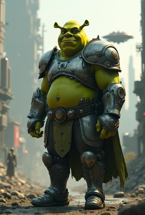 Generate photo of shrek as a futuristic knight