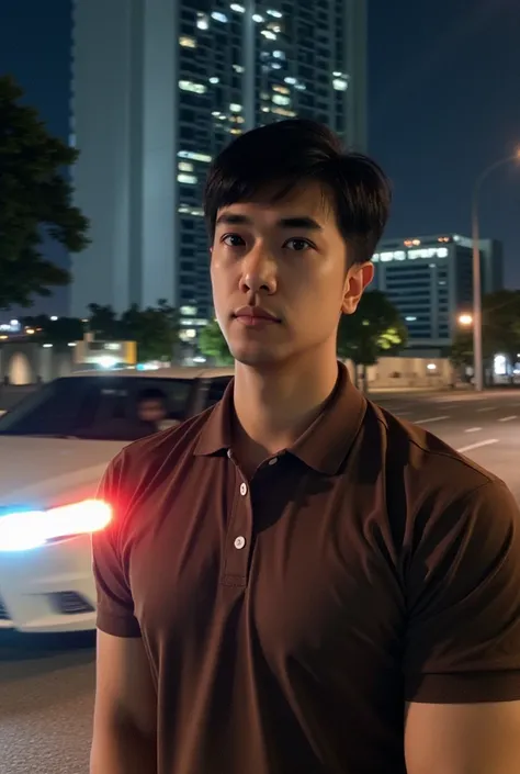 A handsome, 18-year-old man with short black hair, white skin, wearing a brown polo shirt, stood in the roadside, footed with a car running behind a high-rise building at night.