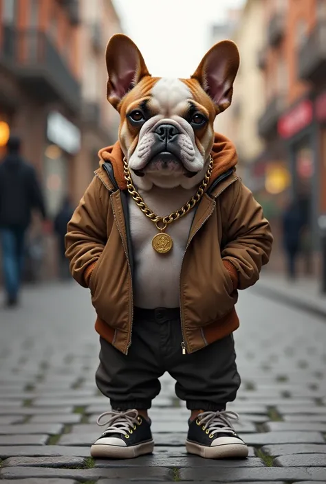 “A highly realistic 4K image of a brown and white English Bulldog puppy standing upright like a human, wearing a stylish jacket and a thick gold chain necklace. The puppy is also dressed in well-fitted pants and trendy sneakers, giving it a cool and confid...