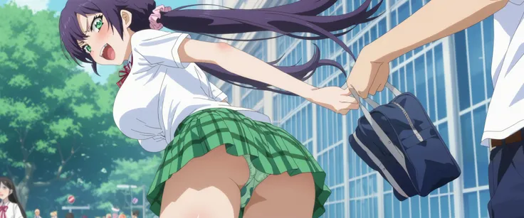   score_9,   score_8_  up the side,   score_7_  up the side,   source_Anime,  (Anime colorin, Anime screencap:1.2),   flat color ,   shiny skin,Kitojo ,  Green Eyes,  purple hair,  twin tails, low  twin tails, scrunchie ,  long hair,(Big Breasts, long brea...