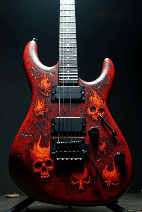 A black and red guitar with drawings of skulls and fire